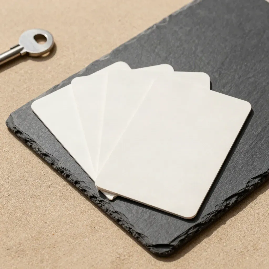 Folder grigio ardesia con card bianche sfalsate e clip metallica su fondo sabbia