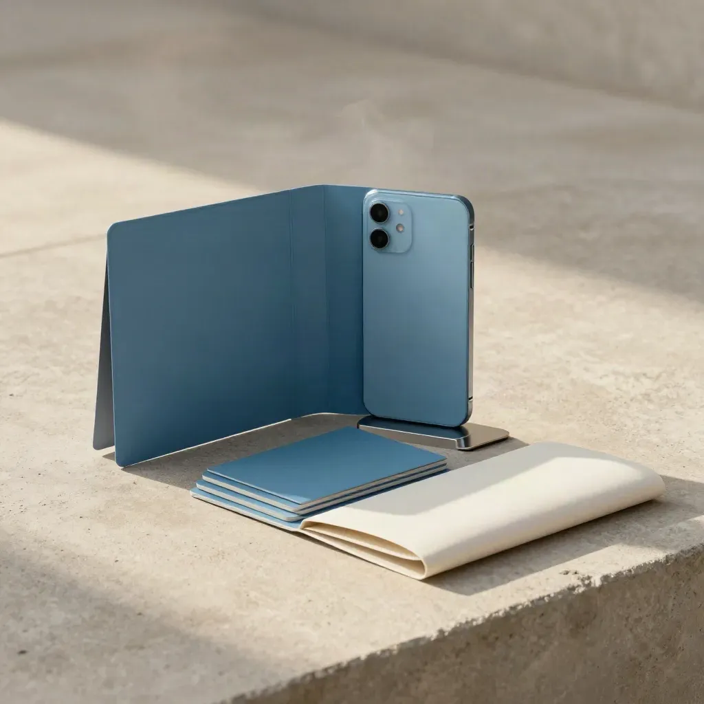 Kit marketing su cemento caldo con cartella blu, telefono vuoto e card in scorrimento.