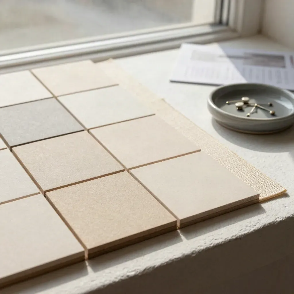 Calendario contenuti modulare con tessere bianche, striscia di lino e ciotola in ceramica su gesso ardesia.