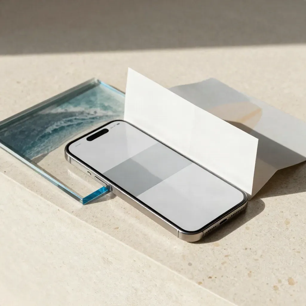 Kit per landing page con smartphone e mockup su travertino, luce radente e accento blu.