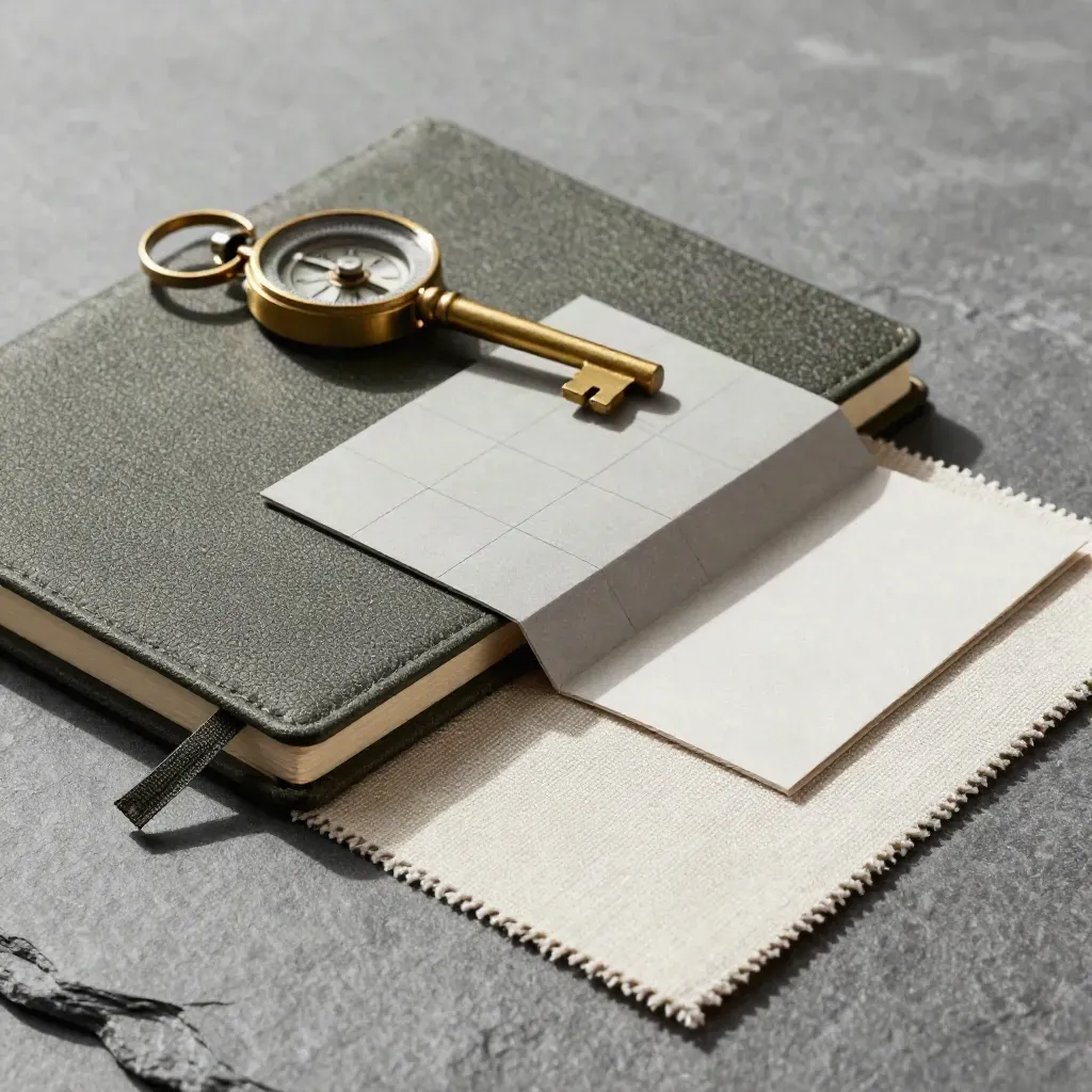 Kit di brand strategy con taccuino carbone, bussola in ottone, carte e tessuto su pietra