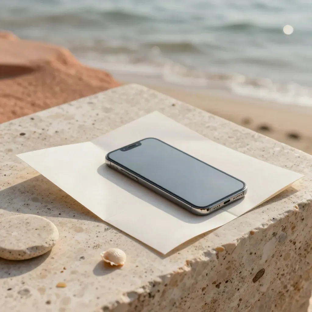 Kit SEO locale con telefono, scheda astratta e conchiglia su travertino, luce marina.