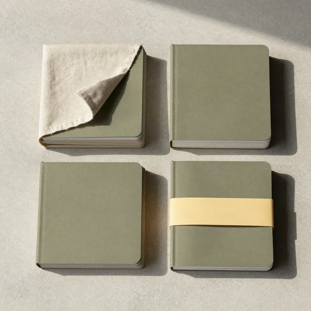 Flat lay di quattro mazzi di card social, notebook e tessuto su pietra, luce morbida.