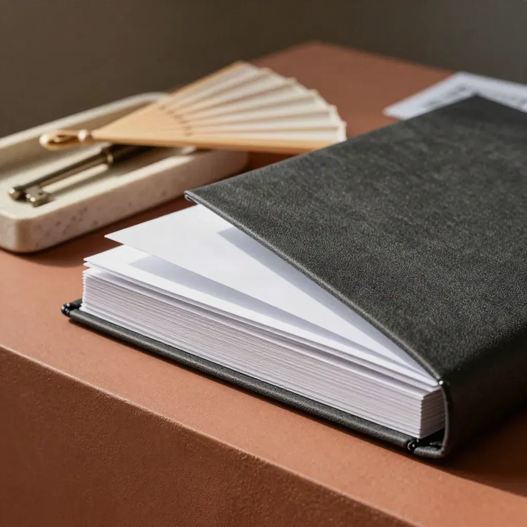 Binder contenuti 30 giorni con tab bianchi, vassoio in pietra e ventaglio di carta su fondo terracotta.