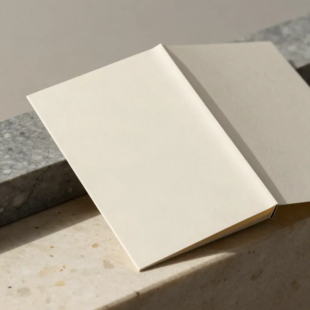 Kit landing page con telefono, card e pagina pieghevole su travertino caldo