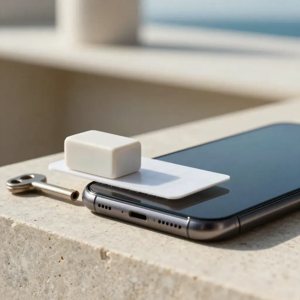 Kit di misurazione con card analytics, blocco ceramico e smartphone scuro su pietra chiara.