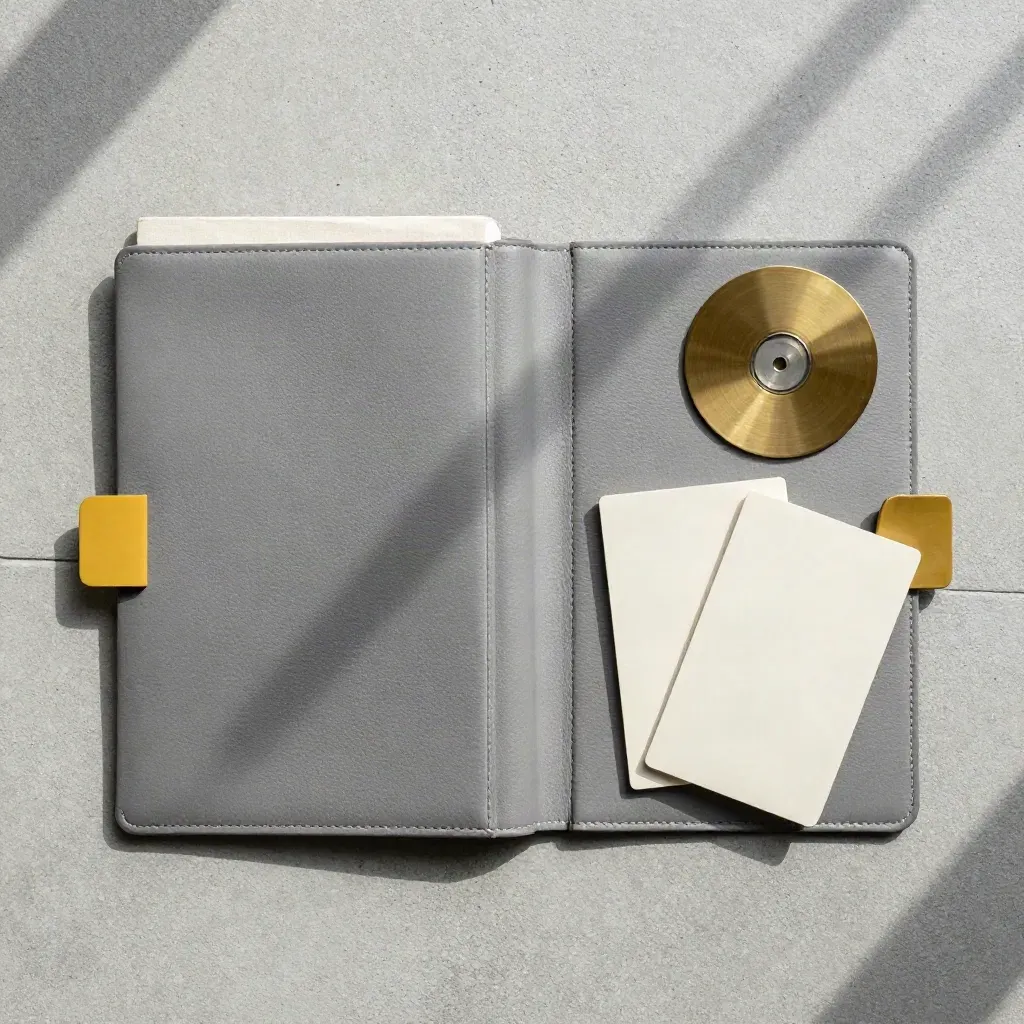 Flatlay dall’alto di cartella call prep, taccuino chiuso, due card e disco in ottone su cemento.