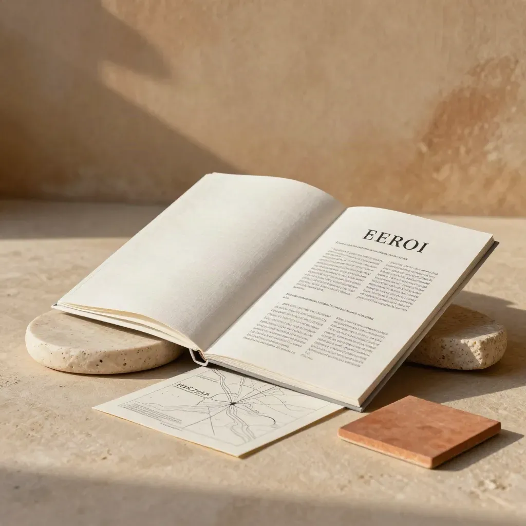 Folio SEO toscano semiaperto con tessera in terracotta e coaster in pietra su sfondo caldo.