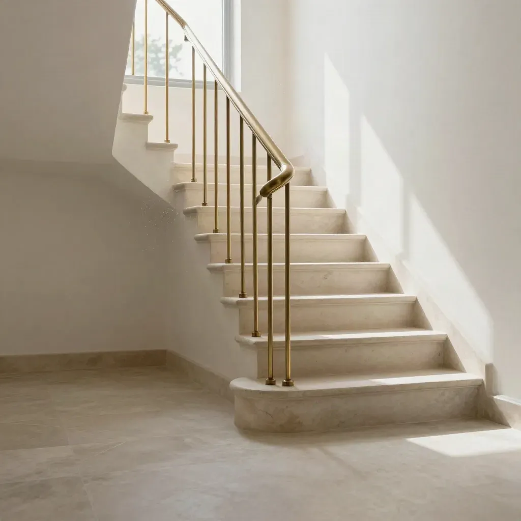 Scala imbiancata con corrimano in ottone, terrazza sfocata e luce radente